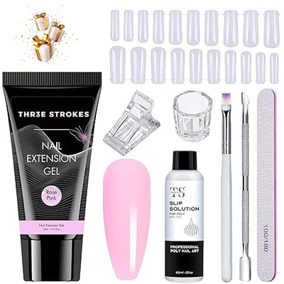 GV460 THR3E STROKES Poly Nail Gel Extension Kit for Builder Gel UV Nail Art Kit, Nail Extension Set (8 Items in the set) (5 ROSE PINK)