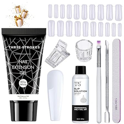 GV461 THR3E STROKES Poly Nail Gel Extension Kit for Builder Gel UV Nail Art Kit, Nail Extension Set (8 Items in the set) (6 MILKY WHITE)