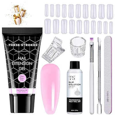 GV463 THR3E STROKES Poly Nail Gel Extension Kit for Builder Gel UV Nail Art, 8 Items (Clear Rose Pink)