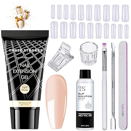 GV464 THR3E STROKES Poly Nail Gel Extension Kit for Builder Gel UV Nail Art Kit, Nail Extension Set (8 Items in the set) (9 LIGHT NUDE)