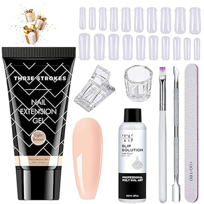 GV464 THR3E STROKES Poly Nail Gel Extension Kit for Builder Gel UV Nail Art Kit, Nail Extension Set (8 Items in the set) (10 LIGHT BROWN)