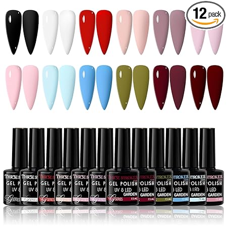 GV467 THR3E STROKES Gel Nail Polish Set, 12 Colors Purple Gel Polish Set Burgundy Red Nail Polish Soak Off Pink Nude Brown Nail Gifts for Women Girl DIY Salon Home Manicure (GARDEN SERIES) 7.5ML