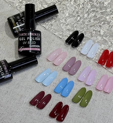 GV467 THR3E STROKES Gel Nail Polish Set, 12 Colors Purple Gel Polish Set Burgundy Red Nail Polish Soak Off Pink Nude Brown Nail Gifts for Women Girl DIY Salon Home Manicure (GARDEN SERIES) 7.5ML
