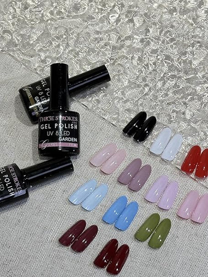 GV467 THR3E STROKES Gel Nail Polish Set, 12 Colors Purple Gel Polish Set Burgundy Red Nail Polish Soak Off Pink Nude Brown Nail Gifts for Women Girl DIY Salon Home Manicure (GARDEN SERIES) 7.5ML