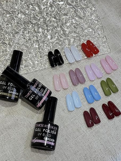 GV467 THR3E STROKES Gel Nail Polish Set, 12 Colors Purple Gel Polish Set Burgundy Red Nail Polish Soak Off Pink Nude Brown Nail Gifts for Women Girl DIY Salon Home Manicure (GARDEN SERIES) 7.5ML
