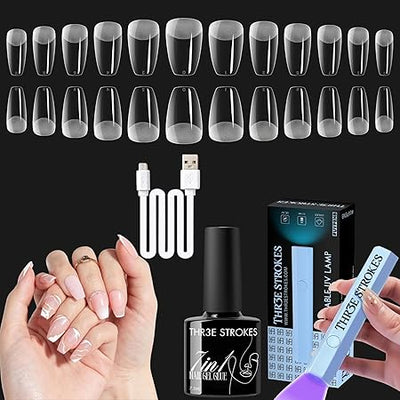 GV470 THR3E STROKES Gel Nail Kit Easy Nail Extension Set With 100Pcs Shaped Tips 6 in 1 Nail Glue Base Gel and Innovative Led Lamp Easy Funny Diy Nail Tips Art Decoration at Home Gift for Women (P3 GEL X KIT)