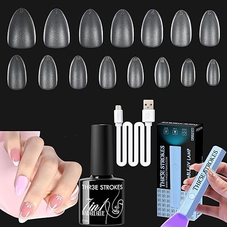 GV471 THR3E STROKES Gel Nail Kit Easy Nail Extension Set With 100Pcs Shaped Tips 6 in 1 Nail Glue Base Gel and Innovative Led Lamp Easy Funny Diy Nail Tips Art Decoration at Home Gift for Women (P4 GEL X KIT)