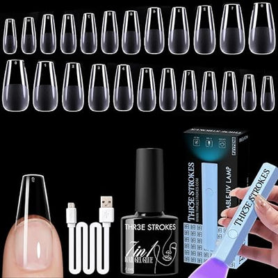 GV472 THR3E STROKES Gel Nail Kit Easy Nail Extension Set With 100Pcs Shaped Tips 6 in 1 Nail Glue Base Gel and Innovative Led Lamp Easy Funny Diy Nail Tips Art Decoration at Home Gift for Women (P6 GEL X KIT)