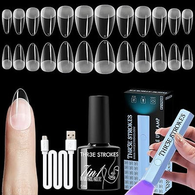 GV473 THR3E STROKES Gel Nail Kit Easy Nail Extension Set With 100Pcs Shaped Tips 6 in 1 Nail Glue Base Gel and Innovative Led Lamp Easy Funny Diy Nail Tips Art Decoration at Home Gift for Women (P8 GEL X KIT)