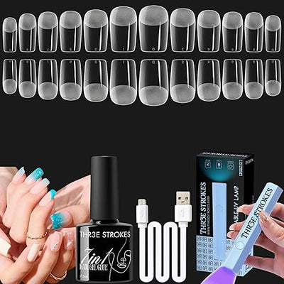 GV474 THR3E STROKES Gel Nail Kit Easy Nail Extension Set With 100Pcs Shaped Tips 6 in 1 Nail Glue Base Gel and Innovative Led Lamp Easy Funny Diy Nail Tips Art Decoration at Home Gift for Women (P9 GEL X KIT)
