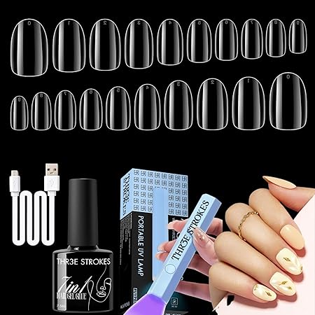 GV475 THR3E STROKES Gel Nail Kit Easy Nail Extension Set With 100Pcs Shaped Tips 6 in 1 Nail Glue Base Gel and Innovative Led Lamp Easy Funny Diy Nail Tips Art Decoration at Home Gift for Women (P11 GEL X KIT)