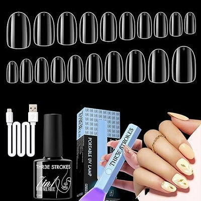GV475 THR3E STROKES Gel Nail Kit Easy Nail Extension Set With 100Pcs Shaped Tips 6 in 1 Nail Glue Base Gel and Innovative Led Lamp Easy Funny Diy Nail Tips Art Decoration at Home Gift for Women (P11 GEL X KIT)