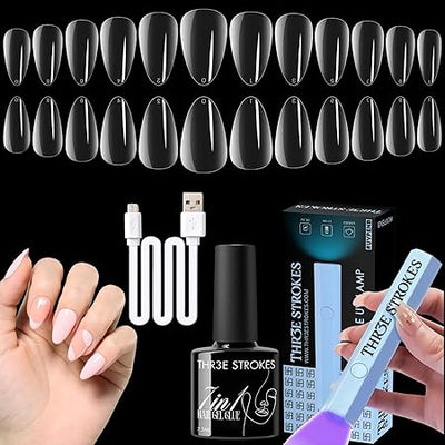 GV476 THR3E STROKES Gel Nail Kit Easy Nail Extension Set With 100Pcs Shaped Tips 6 in 1 Nail Glue Base Gel and Innovative Led Lamp Easy Funny Diy Nail Tips Art Decoration at Home Gift for Women (P12 GEL X KIT)