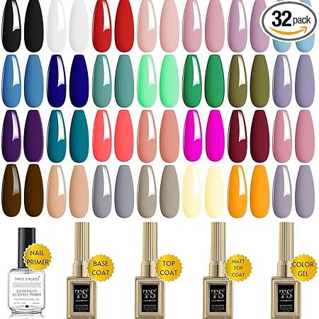 GV485 THR3E STROKES 32 PCS Gel Nail Polish Set, 28 Colors All Seasons Gel Polish with No Wipe Base, Glossy & Matte Top Coat and Nail Primer Black Brown Red Purple Gifts for Women DIY Salon Home 15ML (A0-Classic Seasons Colors)