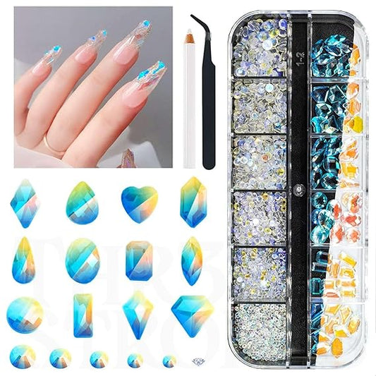 GV486 THR3E STROKES Aurora Nail Art Rhinestones Clear Moonlight Charms Multi Shapes Flatback Big Gems Round Beads K9 Glass Crystals Diamonds Jewels for Nails Faces Makeup (d2)