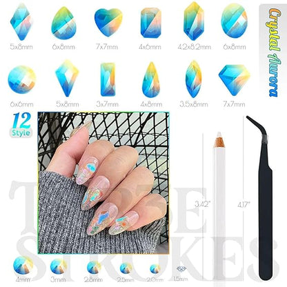 GV486 THR3E STROKES Aurora Nail Art Rhinestones Clear Moonlight Charms Multi Shapes Flatback Big Gems Round Beads K9 Glass Crystals Diamonds Jewels for Nails Faces Makeup (d2)