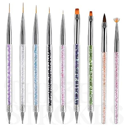 GV488 THR3E STROKES Art Brushes, 9PCS Nail Brushes With Liner Brush and Dotting Pens for Home Use and Professional Salon (NSB1)