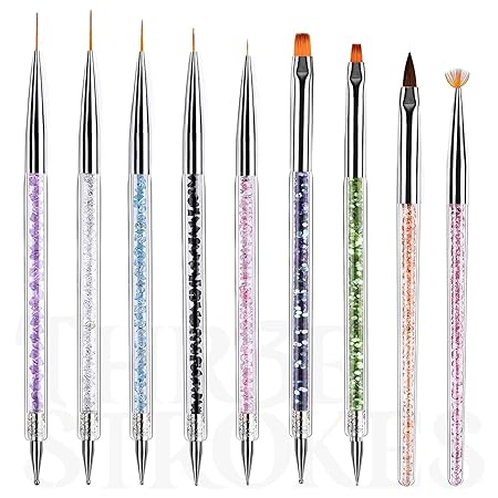 GV488 THR3E STROKES Art Brushes, 9PCS Nail Brushes With Liner Brush and Dotting Pens for Home Use and Professional Salon (NSB1)