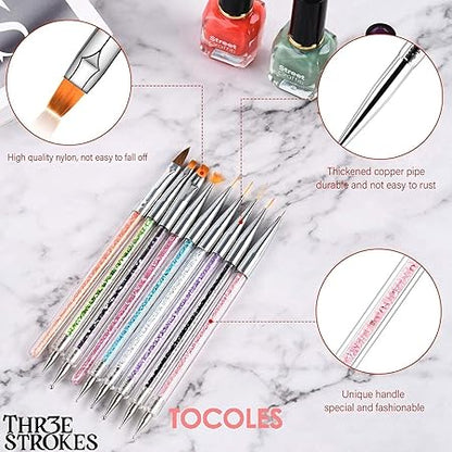 GV488 THR3E STROKES Art Brushes, 9PCS Nail Brushes With Liner Brush and Dotting Pens for Home Use and Professional Salon (NSB1)