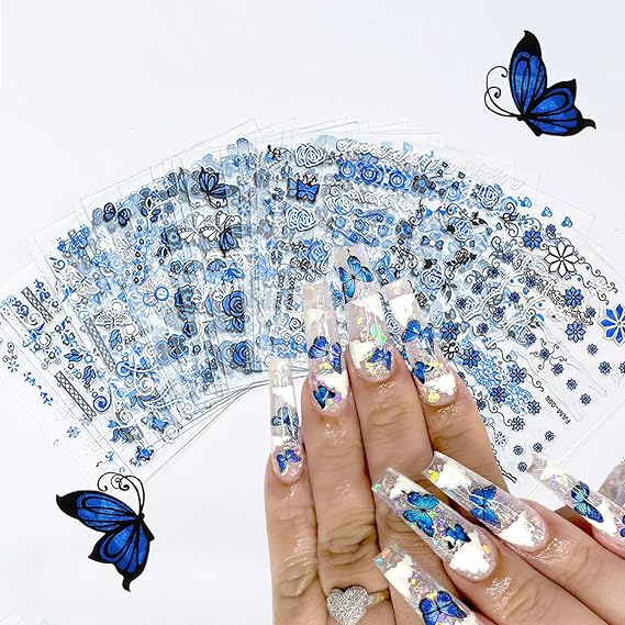 GV494 INOG 30 Sheets Flower Nail Art Stickers, White Flower with Rhinestones Designs Nail Decals 3D Self Adhesive Nail Stickers NailArt Supplies White Flower Stickers for Nails (Blue)