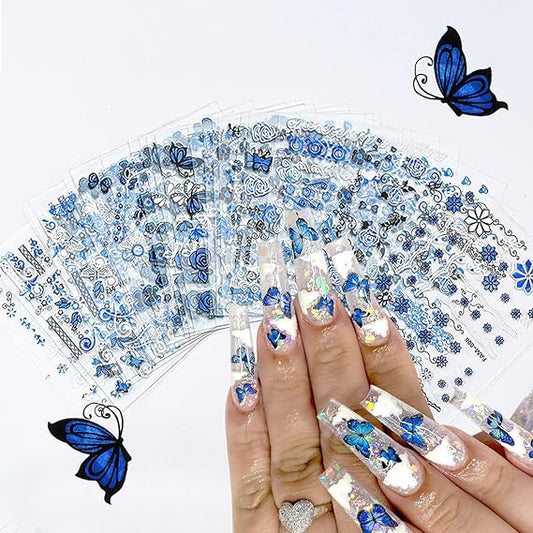 GV494 INOG 30 Sheets Flower Nail Art Stickers, White Flower with Rhinestones Designs Nail Decals 3D Self Adhesive Nail Stickers NailArt Supplies White Flower Stickers for Nails (Blue)