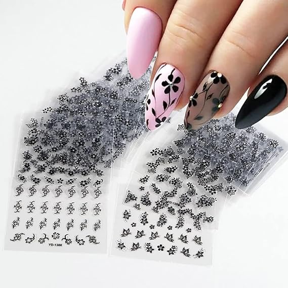 GV495 INOG 30 Sheets Flower Nail Art Stickers - White Flower With Rhinestones Designs, 3D Self Adhesive Decals for Nails Art Supplies (Black)