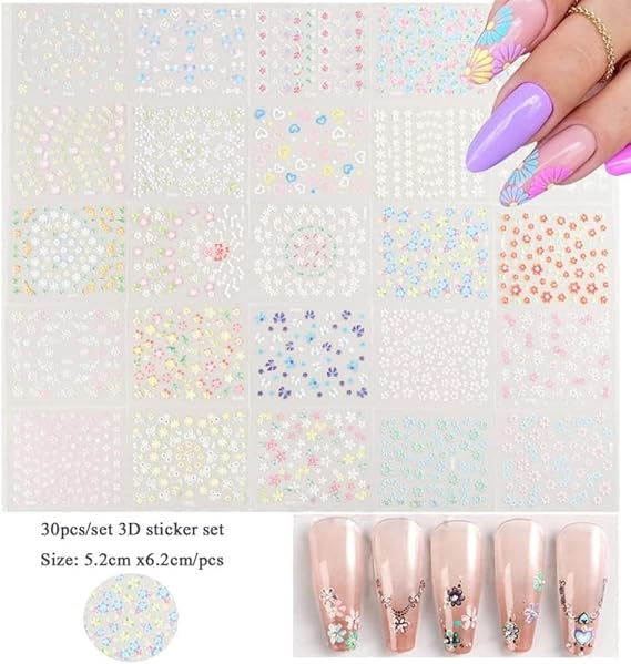 GV496 INOG Mini Flower Nail Art Stickers - 30 Sheet Colorful Daisy Self-Adhesive Embossing Stickers for Nail Extension and DIY Embellishments (Colourful)