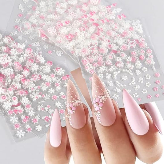 GV497 INOG 30 Sheets Flower Nail Art Stickers, White Flower with Rhinestones Designs Nail Decals 3D Self Adhesive Nail Stickers Nail Art Supplies White Flower Stickers for Nails (Pink White Cheery Blossom)