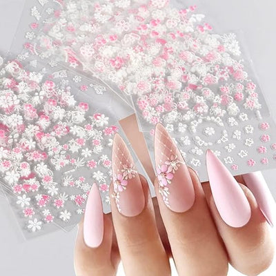 GV497 INOG 30 Sheets Flower Nail Art Stickers, White Flower with Rhinestones Designs Nail Decals 3D Self Adhesive Nail Stickers Nail Art Supplies White Flower Stickers for Nails (Pink White Cheery Blossom)