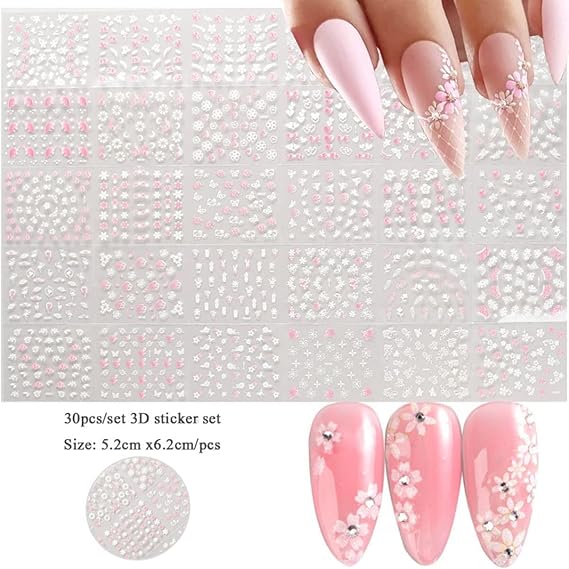 GV497 INOG 30 Sheets Flower Nail Art Stickers, White Flower with Rhinestones Designs Nail Decals 3D Self Adhesive Nail Stickers Nail Art Supplies White Flower Stickers for Nails (Pink White Cheery Blossom)