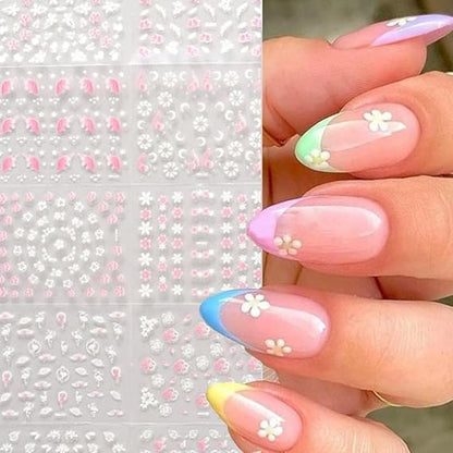 GV497 INOG 30 Sheets Flower Nail Art Stickers, White Flower with Rhinestones Designs Nail Decals 3D Self Adhesive Nail Stickers Nail Art Supplies White Flower Stickers for Nails (Pink White Cheery Blossom)