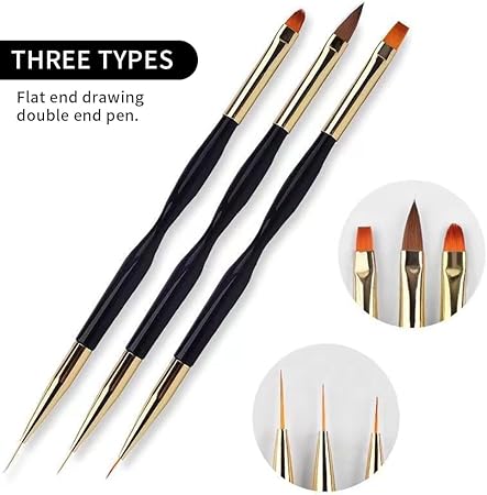 GV500 INOG 3Pcs Nail Drawing Pen, Dual End Nail Art Pen Brush Acrylic Round Flat Painting Drawing Liner Nail Tools