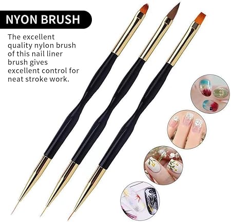 GV500 INOG 3Pcs Nail Drawing Pen, Dual End Nail Art Pen Brush Acrylic Round Flat Painting Drawing Liner Nail Tools
