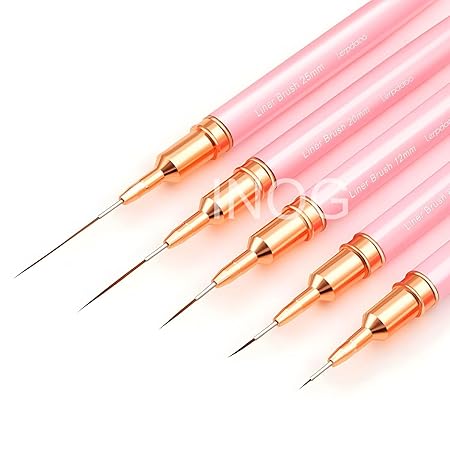 GV501 INOG Nail Art Liner Brushes, 5Pcs Painting Nail Art Brush Set Nail Dotting Drawing Tool for Long Lines, Thin Details, Fine Drawing Sizes 4/8/12/20/25mm(Pink) Nylon, Fine Point Bristle