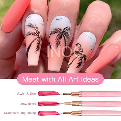 GV501 INOG Nail Art Liner Brushes, 5Pcs Painting Nail Art Brush Set Nail Dotting Drawing Tool for Long Lines, Thin Details, Fine Drawing Sizes 4/8/12/20/25mm(Pink) Nylon, Fine Point Bristle