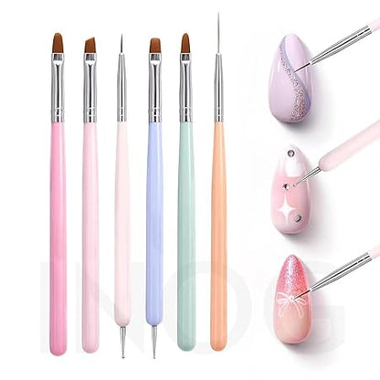 GV502 INOG Nail Art Brushes Set,6pcs Nail Art Design Pen Painting Tools with Extension Gel Brush, Polish Brush, Builder Brush,Liner Brush, Carved Brush, and Dotting Pen for Home DIY Salon Use