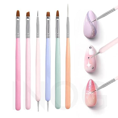 GV502 INOG Nail Art Brushes Set,6pcs Nail Art Design Pen Painting Tools with Extension Gel Brush, Polish Brush, Builder Brush,Liner Brush, Carved Brush, and Dotting Pen for Home DIY Salon Use