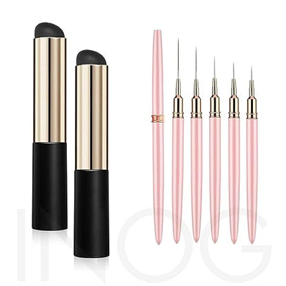 GV504 INOG 7Pcs Nail Art Brush Set-2pcs Silicone Nail Art Brushes Set, ReusableNail Brushes for Women and 5PCS Line Brushes for Nail, Lipstick Concealer Makeup Brush, Nail Gradient Brush, Thin Nail Details Brushes(7/9/11/15/25mm)