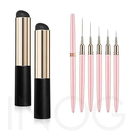 GV504 INOG 7Pcs Nail Art Brush Set-2pcs Silicone Nail Art Brushes Set, ReusableNail Brushes for Women and 5PCS Line Brushes for Nail, Lipstick Concealer Makeup Brush, Nail Gradient Brush, Thin Nail Details Brushes(7/9/11/15/25mm)