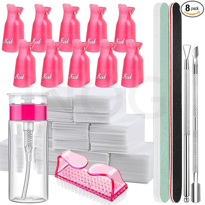 GV507 INOG Nail Polish Gel Remover Tools Kit with Nail Clips, 100ml Nail Polish Remover Bottle, 500 Nail Remover Cotton Pad, Nail Brush, Cuticle Pusher/Peeler, 100/180 Nail File,Buffer Block