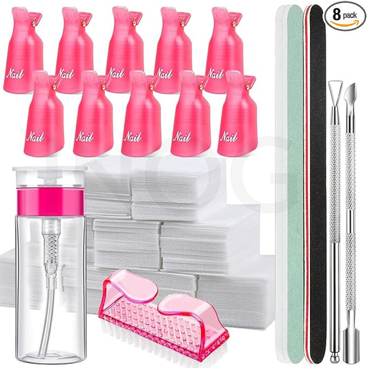 GV507 INOG Nail Polish Gel Remover Tools Kit with Nail Clips, 100ml Nail Polish Remover Bottle, 500 Nail Remover Cotton Pad, Nail Brush, Cuticle Pusher/Peeler, 100/180 Nail File,Buffer Block