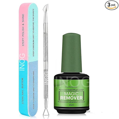 GV509 INOG Gel Nail Polish Remover, No Need for Foil, Quick & Easy Polish Remover In 3-5 Minutes, No Need Soaking Or Wrapping Doesn't Hurt Nails-15ml (Set of 3) (7in1 Filer+Peeler)