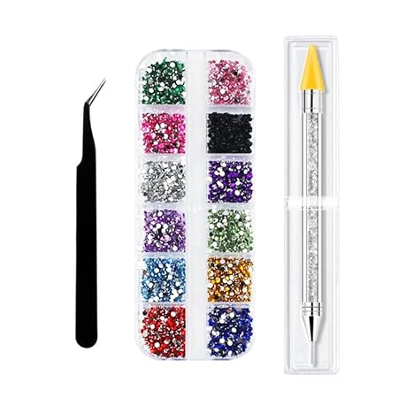 GV510 INOG 12Colors Rhinestones Gems AB Nail Art Rhinestones Decorations for DIY Nail Art Crafts Nail Gems Stones Crystals with Rhinestone, 1 pcs Rhinestone Picker Dotting Pen and 1Tweezer(1 Set )