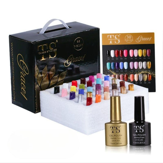 GV511 THR3E STROKES Grace1 Professional Gel Polish Kit 7.5ml – 30 Colors + Essential Nail Prep & Finish Set