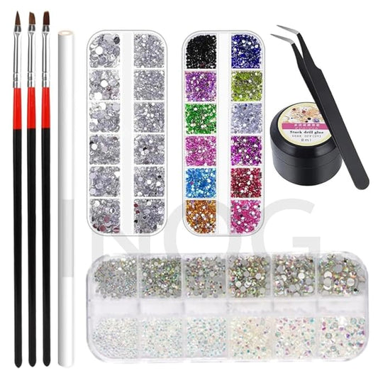GV513 INOG Nail Art Rhinestones Kit 7200pcs 6 Sizes Nail Gems Flatback Rhinestones Gems Stones, with Rhinnestone Glue/Tweezers/Wax Pencil/Glue Brush (1.5-4.5 mm) for Nail Art Craft