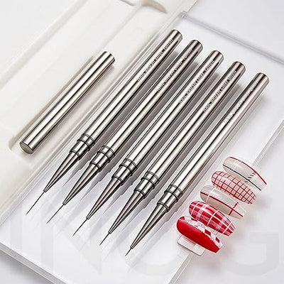 GV516 INOG Nail Art Brush Set, Nail Art Liner Brushes Nail Dotting Drawing Tool for Long Lines, Thin Details, Fine Drawing 5Pcs Set, Sizes 6/9/12/15/18mm(Silver) Nylon, Fine Point Bristle