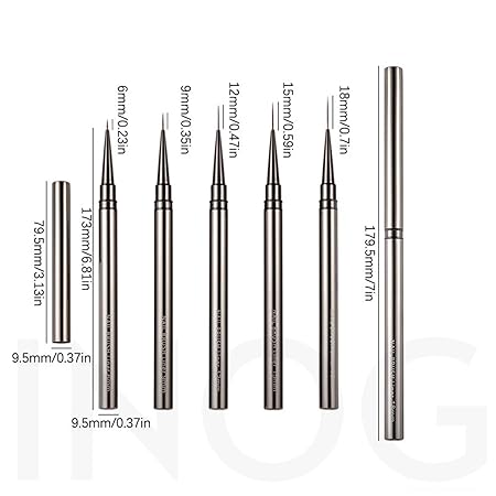 GV516 INOG Nail Art Brush Set, Nail Art Liner Brushes Nail Dotting Drawing Tool for Long Lines, Thin Details, Fine Drawing 5Pcs Set, Sizes 6/9/12/15/18mm(Silver) Nylon, Fine Point Bristle