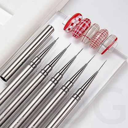 GV516 INOG Nail Art Brush Set, Nail Art Liner Brushes Nail Dotting Drawing Tool for Long Lines, Thin Details, Fine Drawing 5Pcs Set, Sizes 6/9/12/15/18mm(Silver) Nylon, Fine Point Bristle