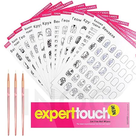 GV518 INOG Nail Art Book Design Practice with 3 Pieces Rose Gold Nail Liner Pen, 360 Pieces Nail Wipes, Drawing Lines, Painting Template, Learning Book Reuseable