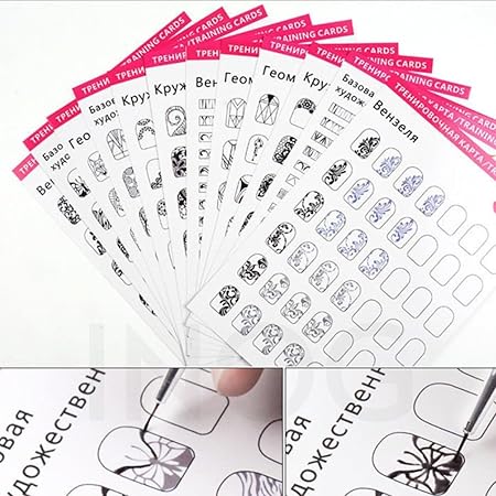 GV518 INOG Nail Art Book Design Practice with 3 Pieces Rose Gold Nail Liner Pen, 360 Pieces Nail Wipes, Drawing Lines, Painting Template, Learning Book Reuseable